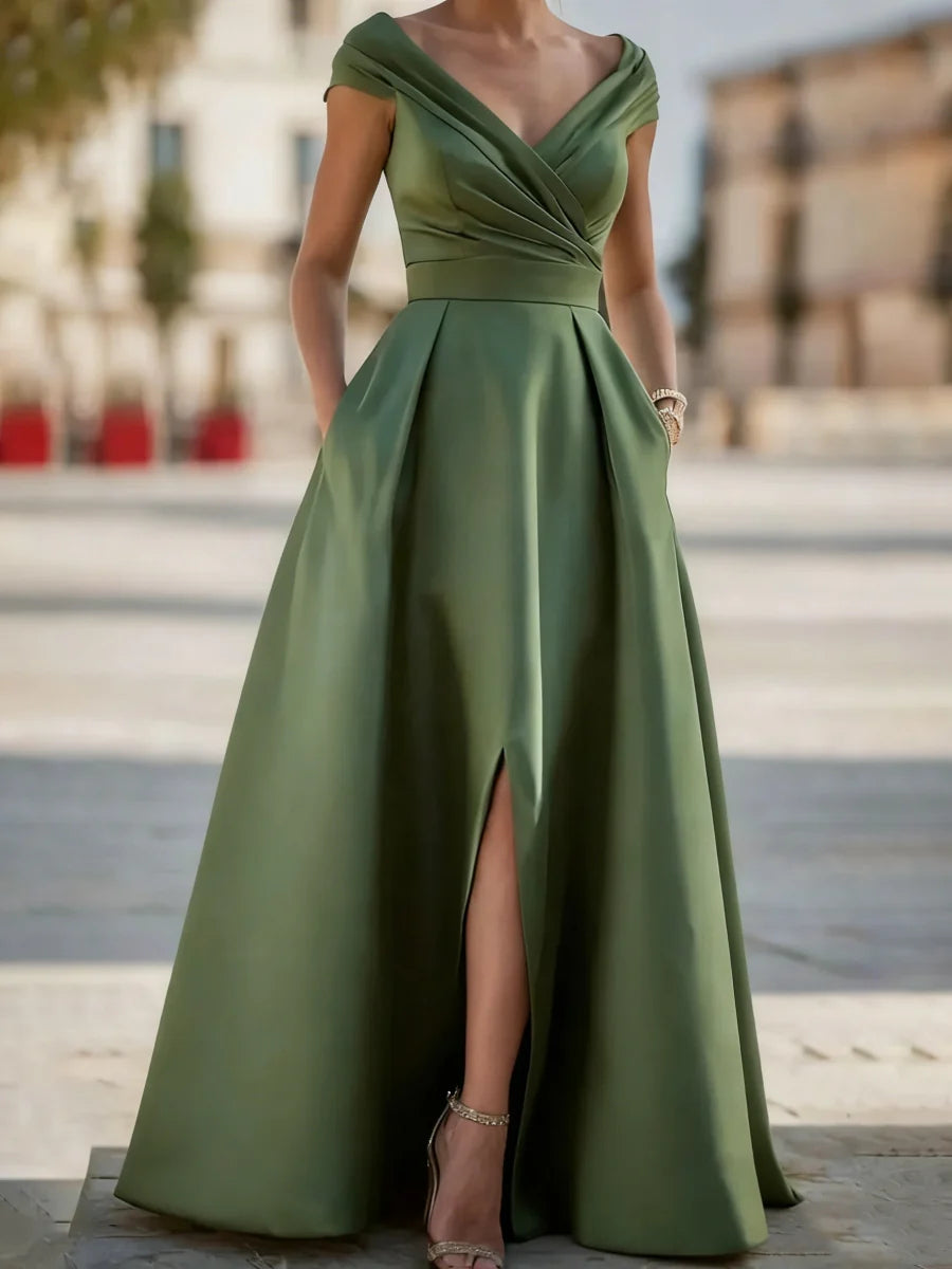 Off-the-Shoulder V-Neck Satin Evening Dress with Ruched Bodice, High Thigh Slit & A-Line Skirt