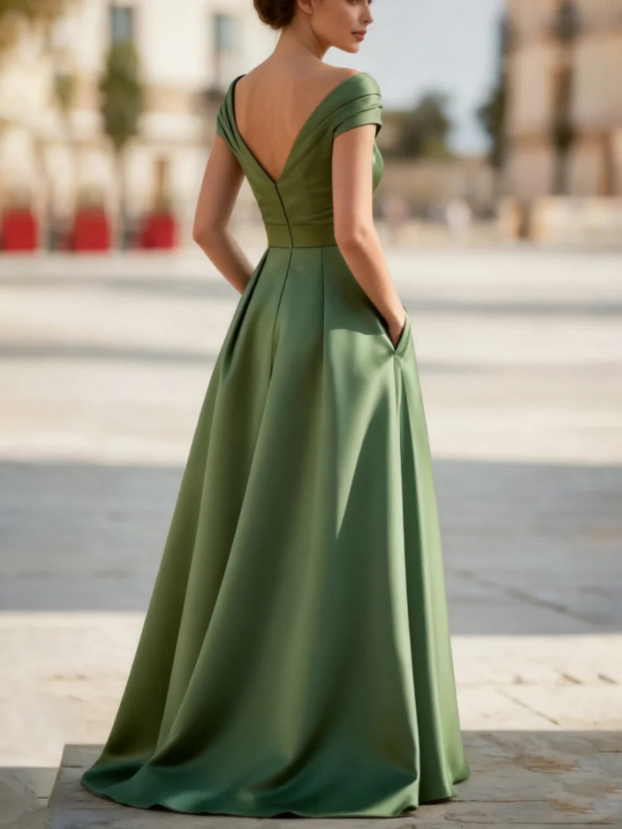 Off-the-Shoulder V-Neck Satin Evening Dress with Ruched Bodice, High Thigh Slit & A-Line Skirt