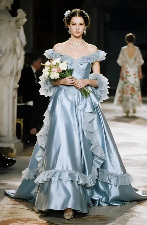 Off-the-Shoulder Vintage Evening Dress with Cascading Ruffles