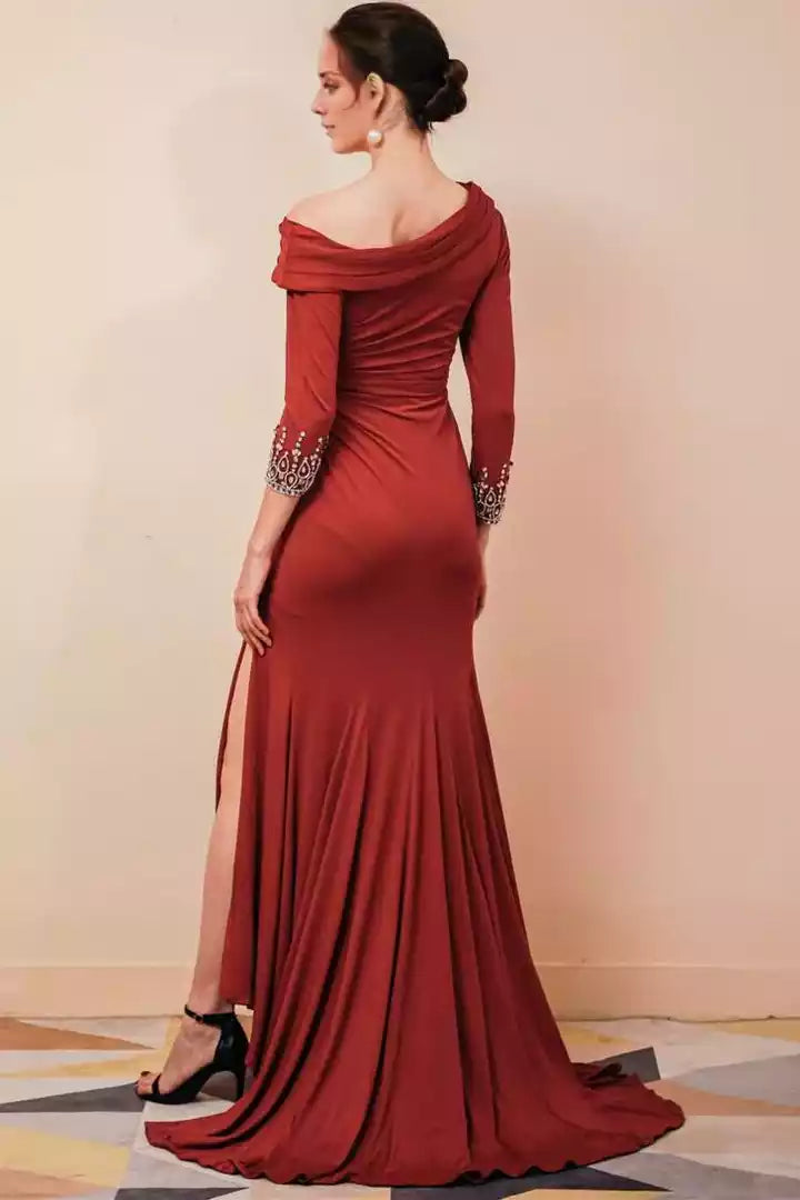 Off-the-shoulder High Silt Mermaid  with Sleeves Mother of the Bride Dress
