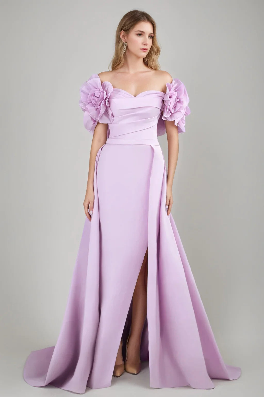 Off Shoulder 3D Floral Evening Dress High Slit Train A Line Formal Gown
