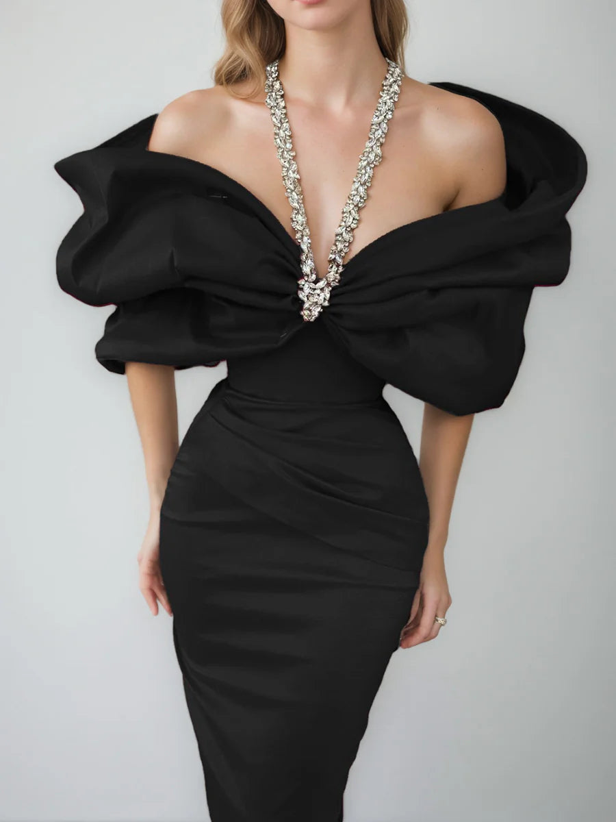 Off Shoulder Crystal Halter Neck Evening Dress Oversized Satin Bow Bodycon Mermaid Floor Length Formal Party Prom Gown with Back Slit