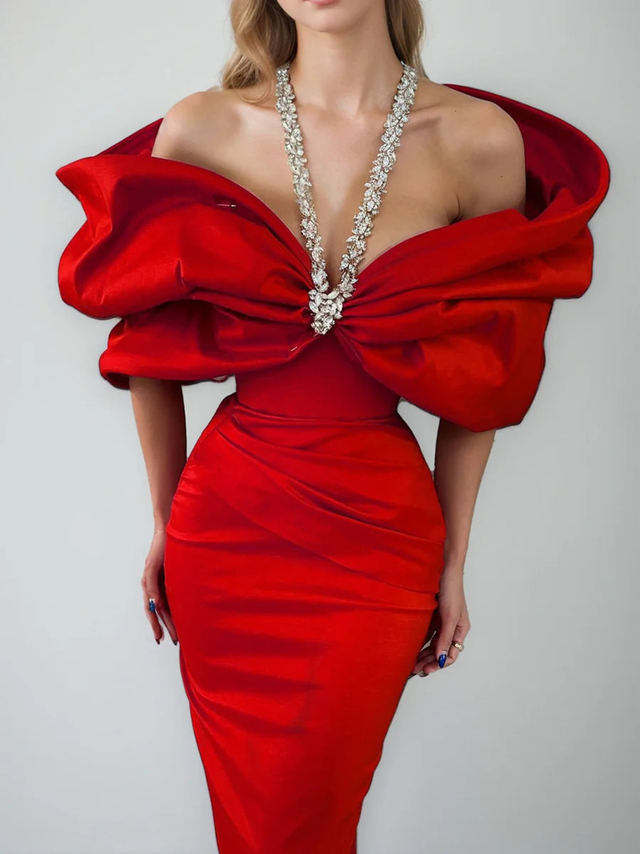 Off Shoulder Crystal Halter Neck Evening Dress Oversized Satin Bow Bodycon Mermaid Floor Length Formal Party Prom Gown with Back Slit