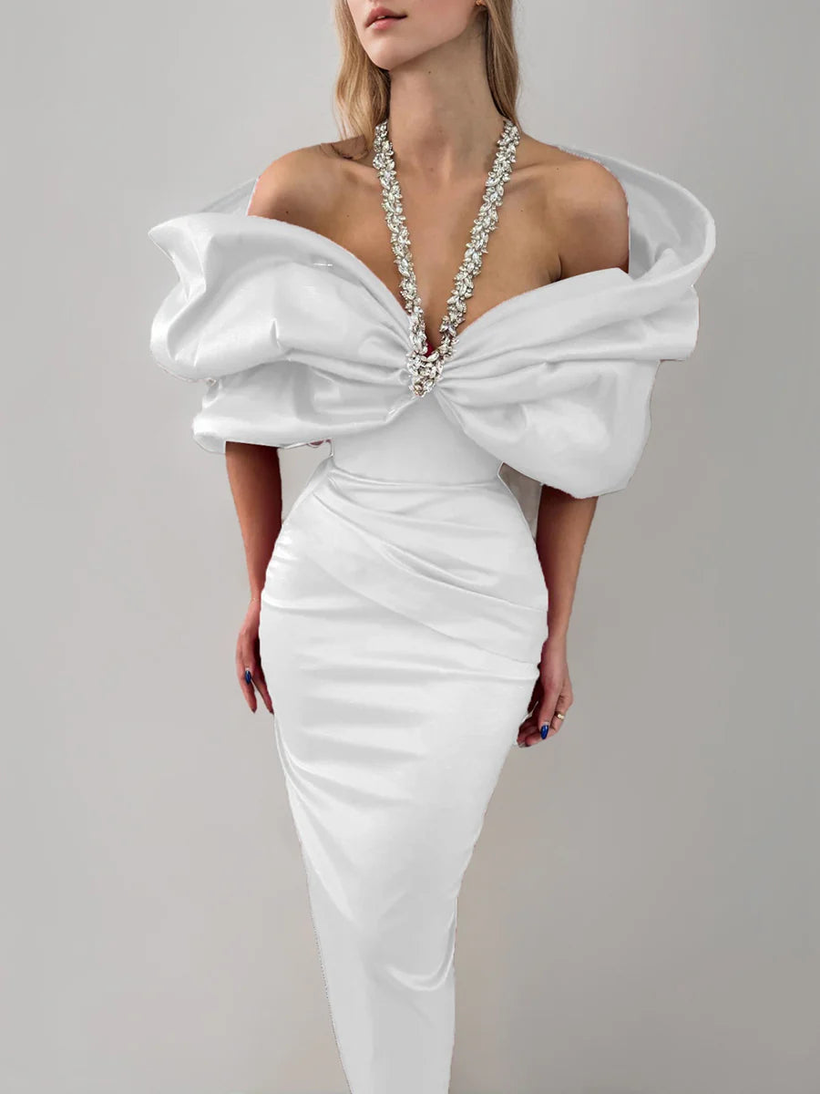 Off Shoulder Crystal Halter Neck Evening Dress Oversized Satin Bow Bodycon Mermaid Floor Length Formal Party Prom Gown with Back Slit