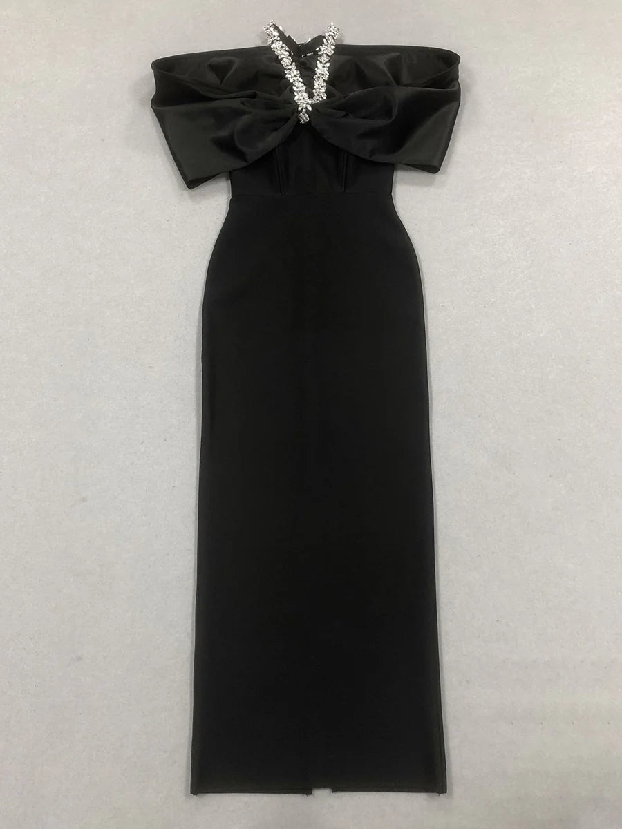 Off Shoulder Crystal Halter Neck Evening Dress Oversized Satin Bow Bodycon Mermaid Floor Length Formal Party Prom Gown with Back Slit