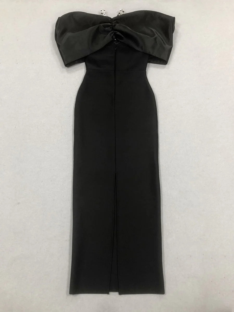 Off Shoulder Crystal Halter Neck Evening Dress Oversized Satin Bow Bodycon Mermaid Floor Length Formal Party Prom Gown with Back Slit