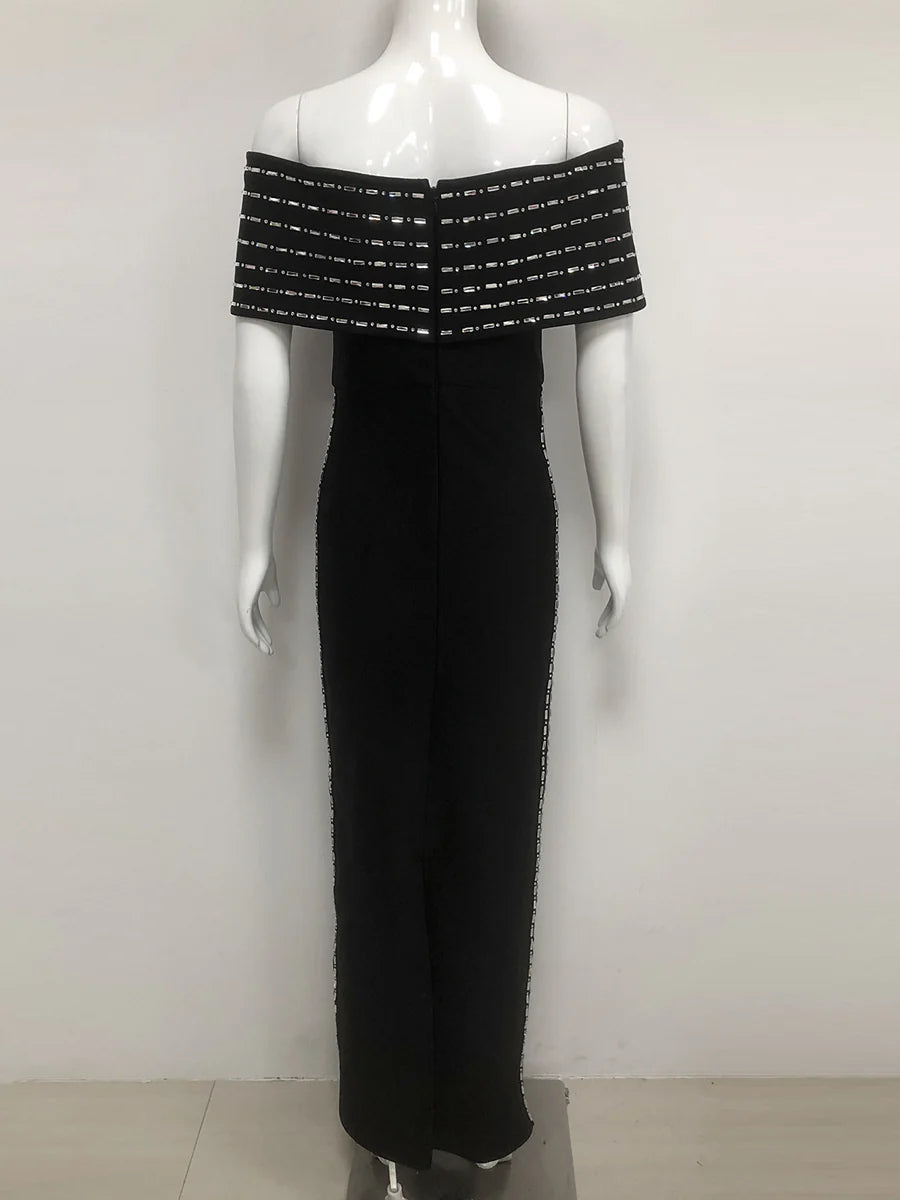 Off Shoulder Rhinestone Beaded Evening Dress Striped Crystal Bodycon Floor Length Formal Party Prom Gown with Side Slit