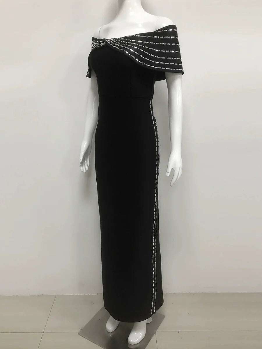 Off Shoulder Rhinestone Beaded Evening Dress Striped Crystal Bodycon Floor Length Formal Party Prom Gown with Side Slit