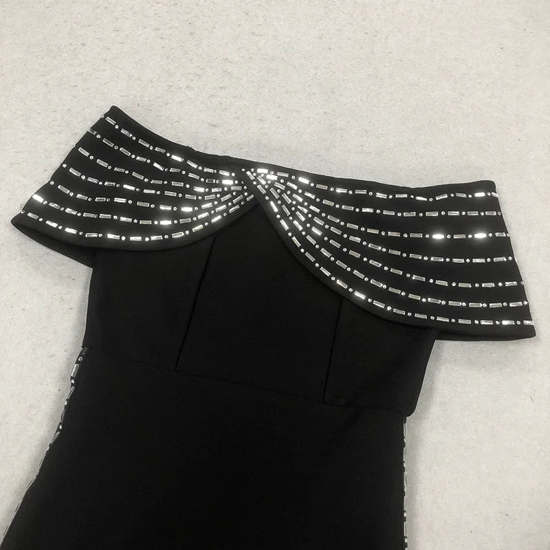 Off Shoulder Rhinestone Beaded Evening Dress Striped Crystal Bodycon Floor Length Formal Party Prom Gown with Side Slit