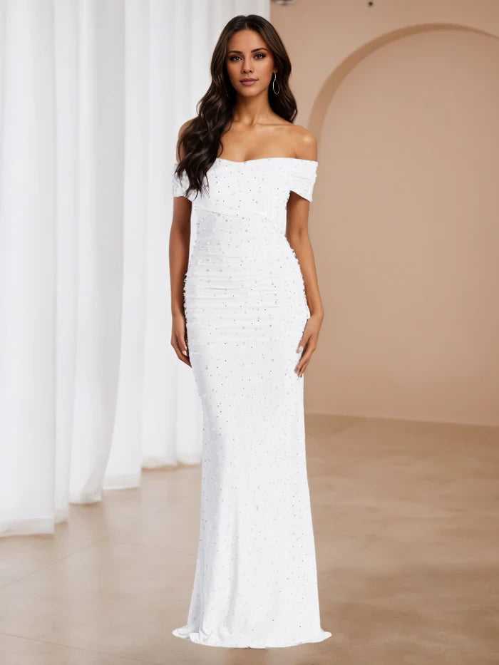 Off The Shoulder Ivory Pearl Sweep Brush Train Prom Dresses