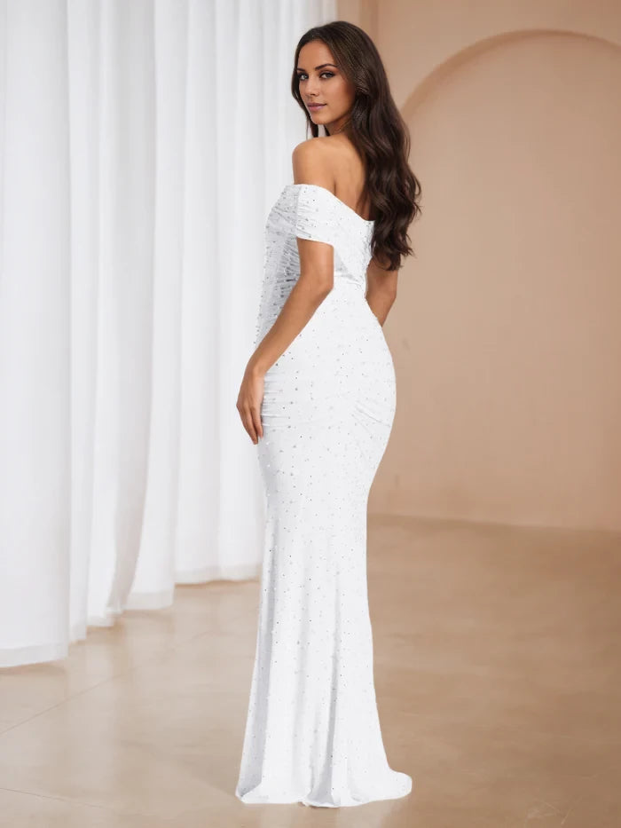 Off The Shoulder Ivory Pearl Sweep Brush Train Prom Dresses