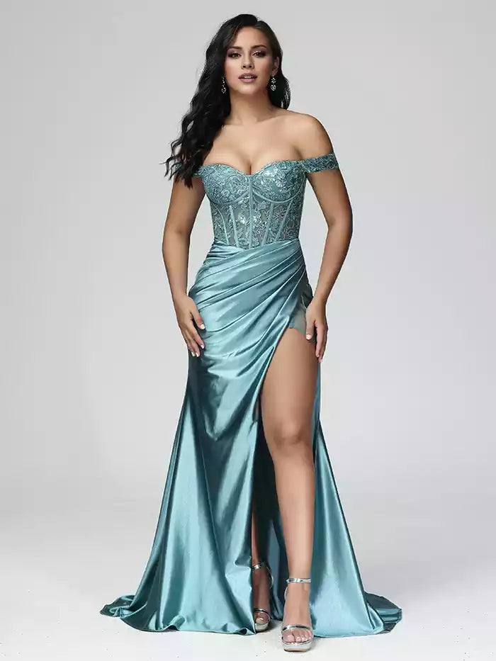 Off The Shoulder Strapless Prom Dress With Slit