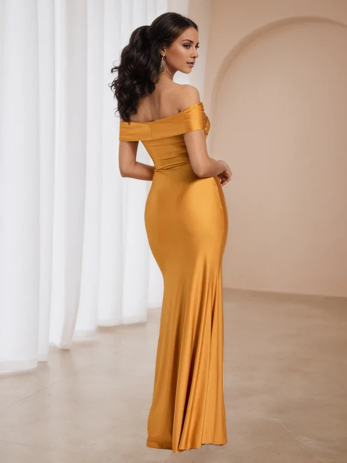 Off The Shoulder Twist Neck Tangerine Prom Dresses with Split