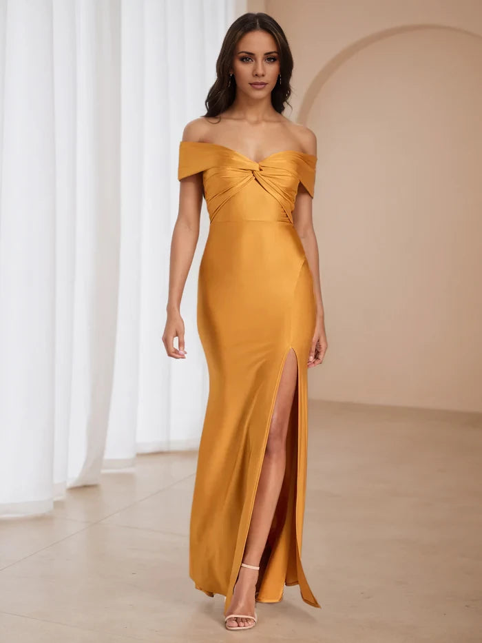 Off The Shoulder Twist Neck Tangerine Prom Dresses with Split