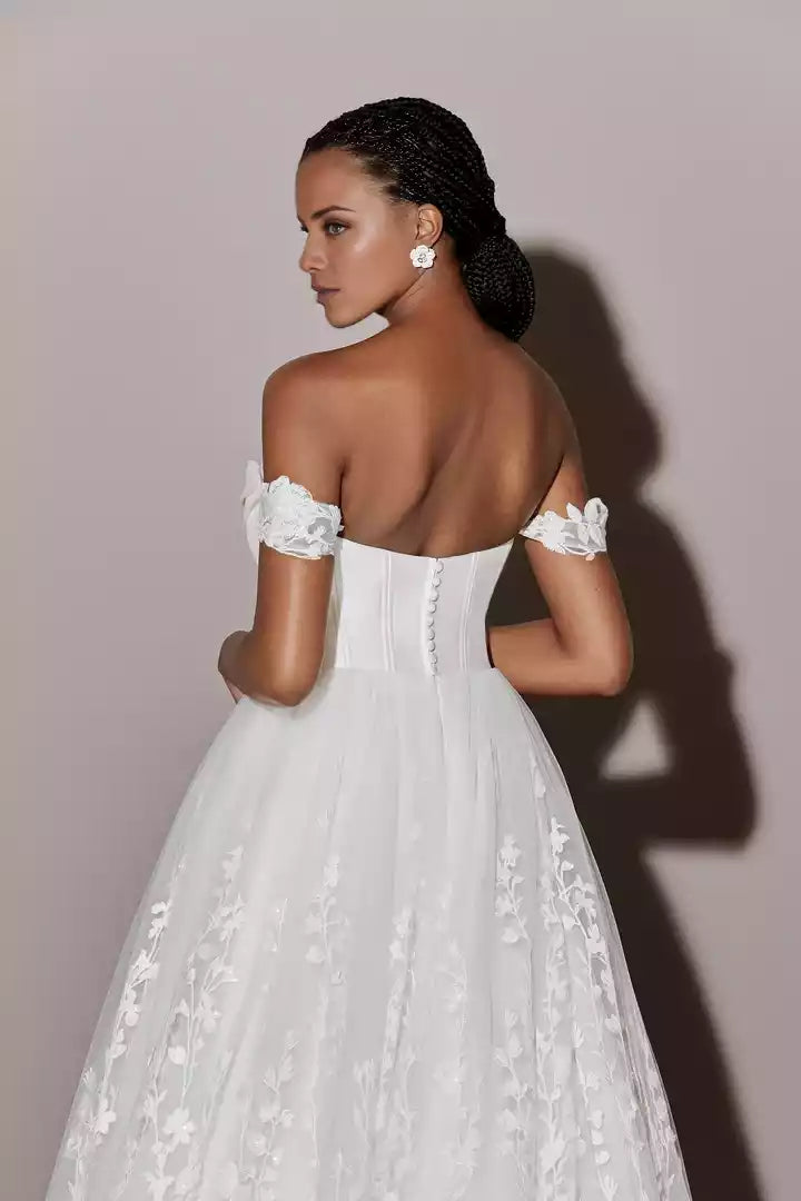 Off the Shoulder Ball Gown with Sequined Lace Appliqués Wedding Dress