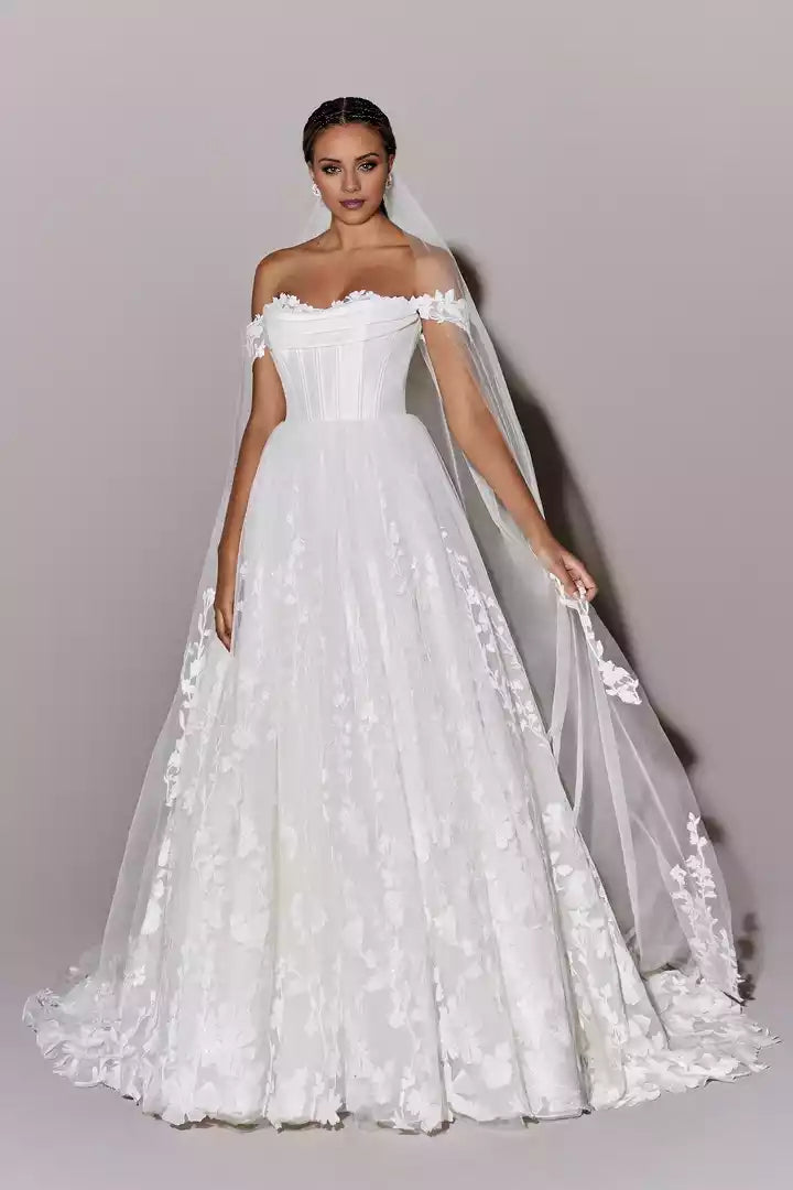 Off the Shoulder Ball Gown with Sequined Lace Appliqués Wedding Dress