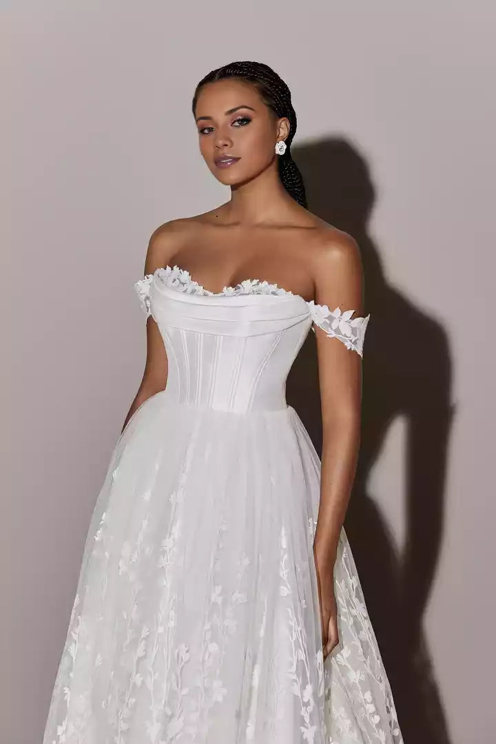 Off the Shoulder Ball Gown with Sequined Lace Appliqués Wedding Dress