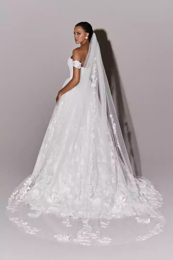 Off the Shoulder Ball Gown with Sequined Lace Appliqués Wedding Dress