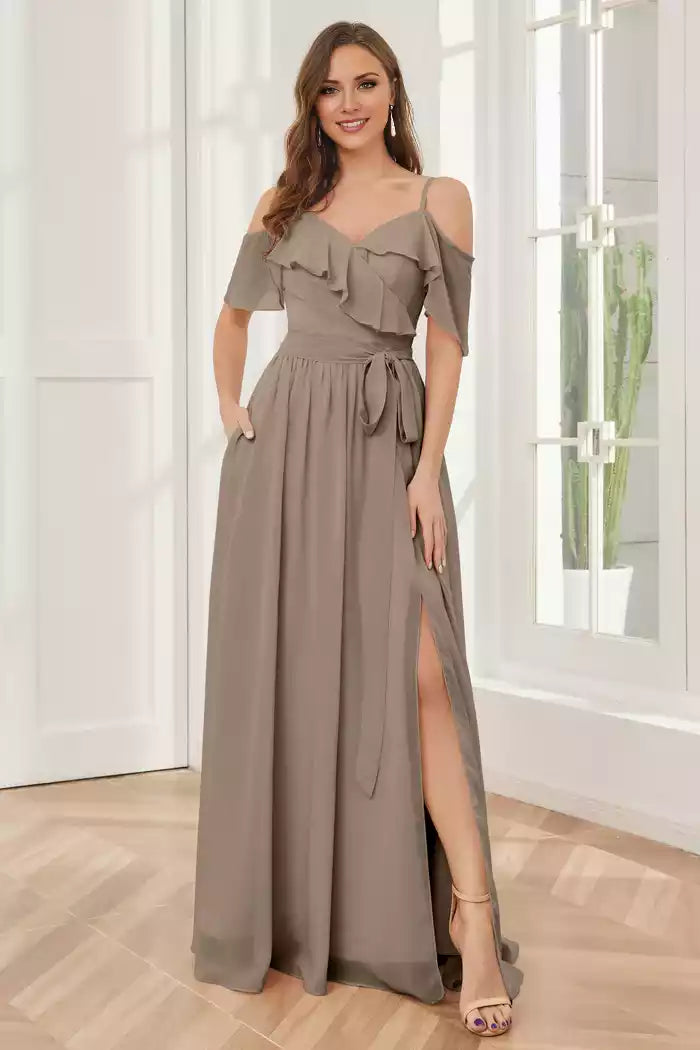 Off the Shoulder Ruffles Chiffon with Slit Bridesmaid Dresses