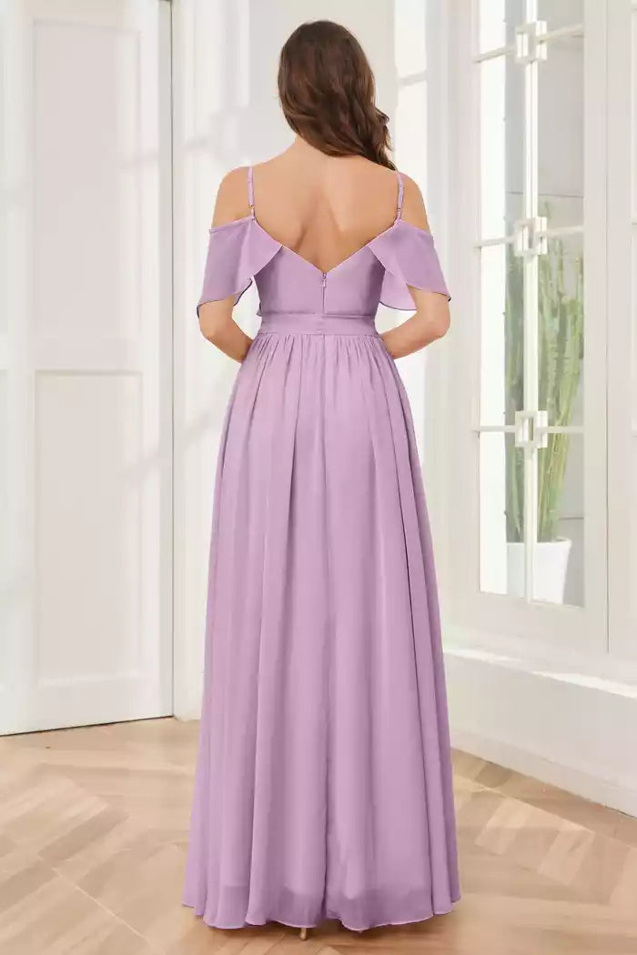 Off the Shoulder Ruffles Chiffon with Slit Bridesmaid Dresses