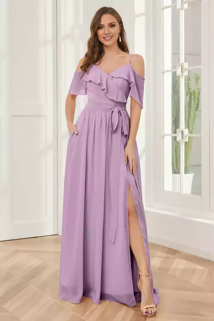 Off the Shoulder Ruffles Chiffon with Slit Bridesmaid Dresses