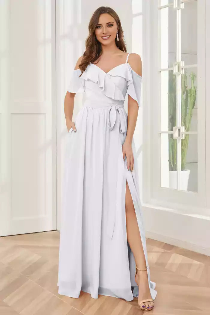 Off the Shoulder Ruffles Chiffon with Slit Bridesmaid Dresses