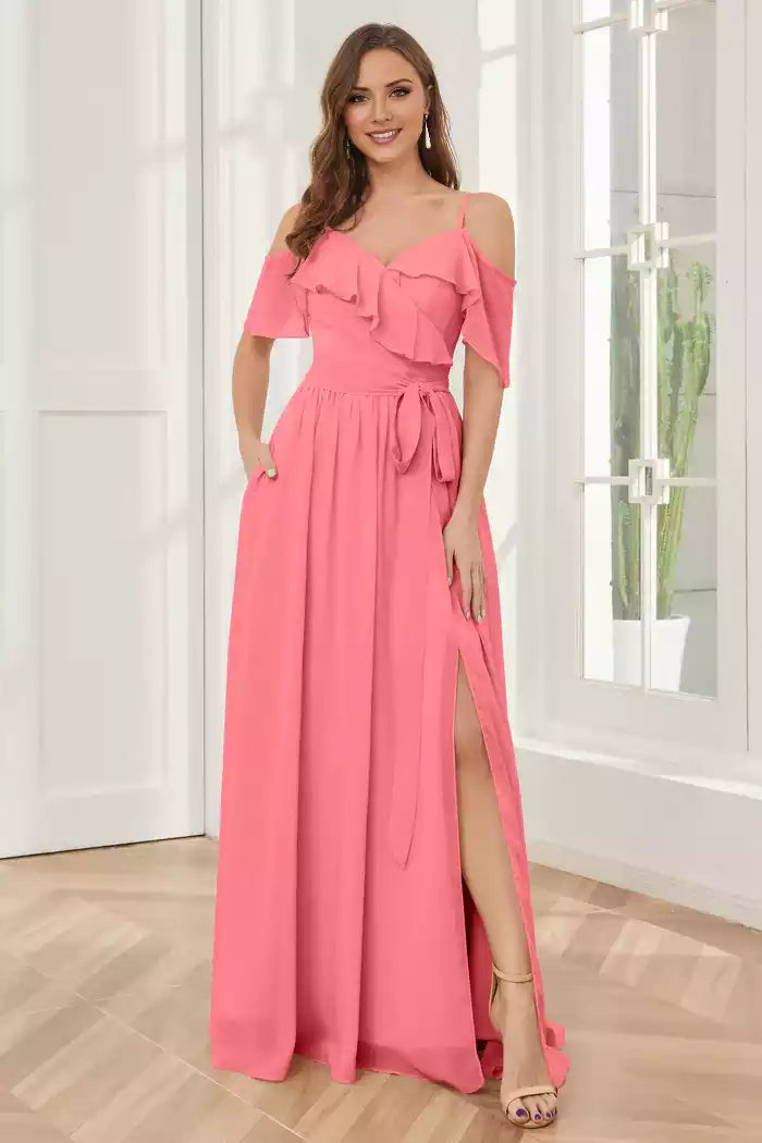Off the Shoulder Ruffles Chiffon with Slit Bridesmaid Dresses