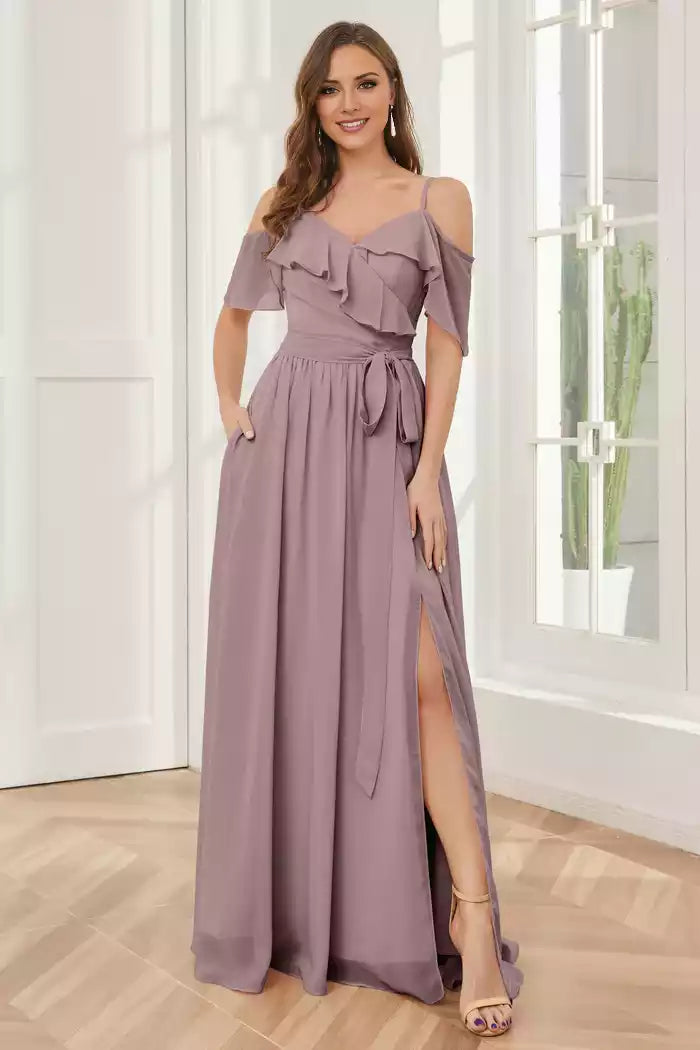 Off the Shoulder Ruffles Chiffon with Slit Bridesmaid Dresses