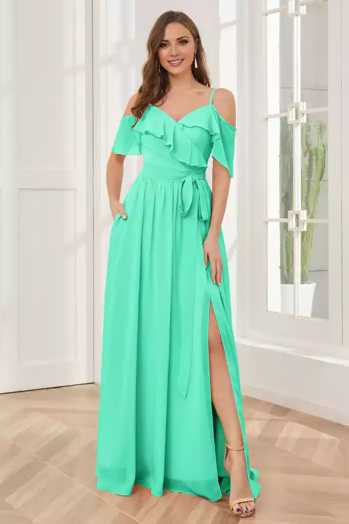 Off the Shoulder Ruffles Chiffon with Slit Bridesmaid Dresses