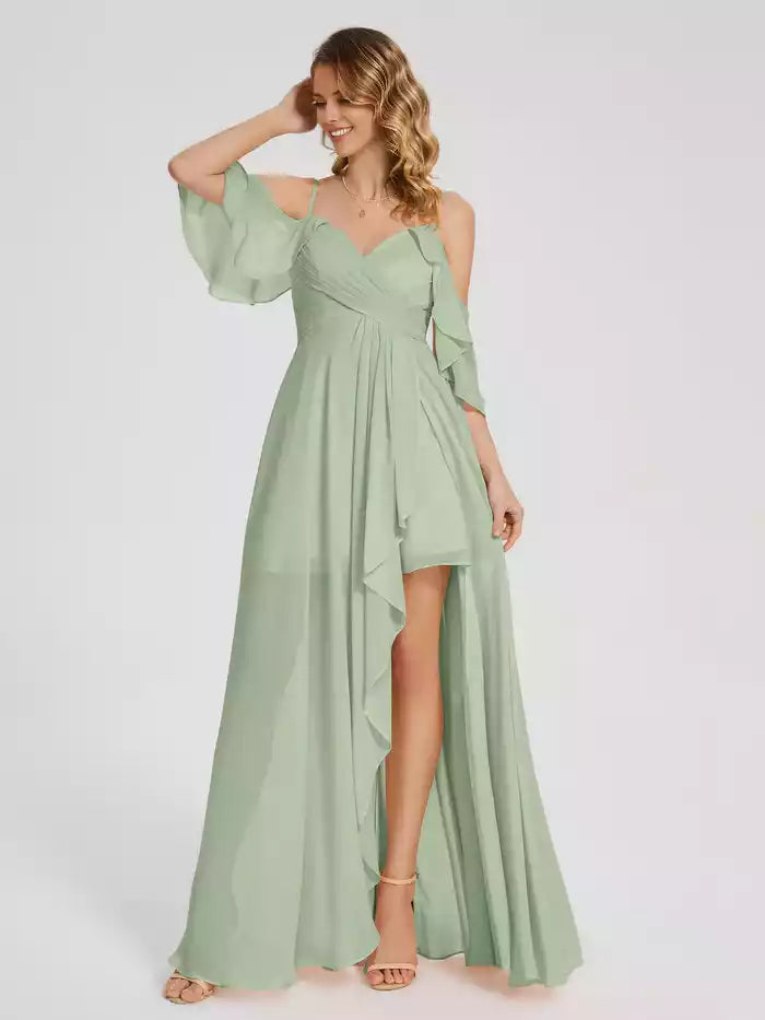 Off the Shoulder Spaghetti Strap Split Fork Ruffles Chiffon Prom Dress