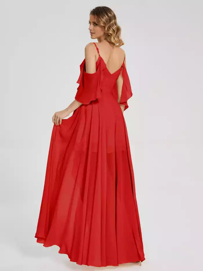 Off the Shoulder Spaghetti Strap Split Fork Ruffles Chiffon Prom Dress