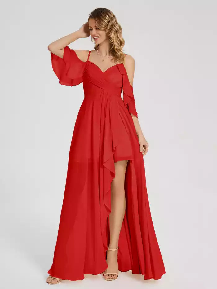 Off the Shoulder Spaghetti Strap Split Fork Ruffles Chiffon Prom Dress