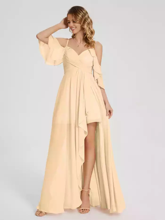 Off the Shoulder Spaghetti Strap Split Fork Ruffles Chiffon Prom Dress