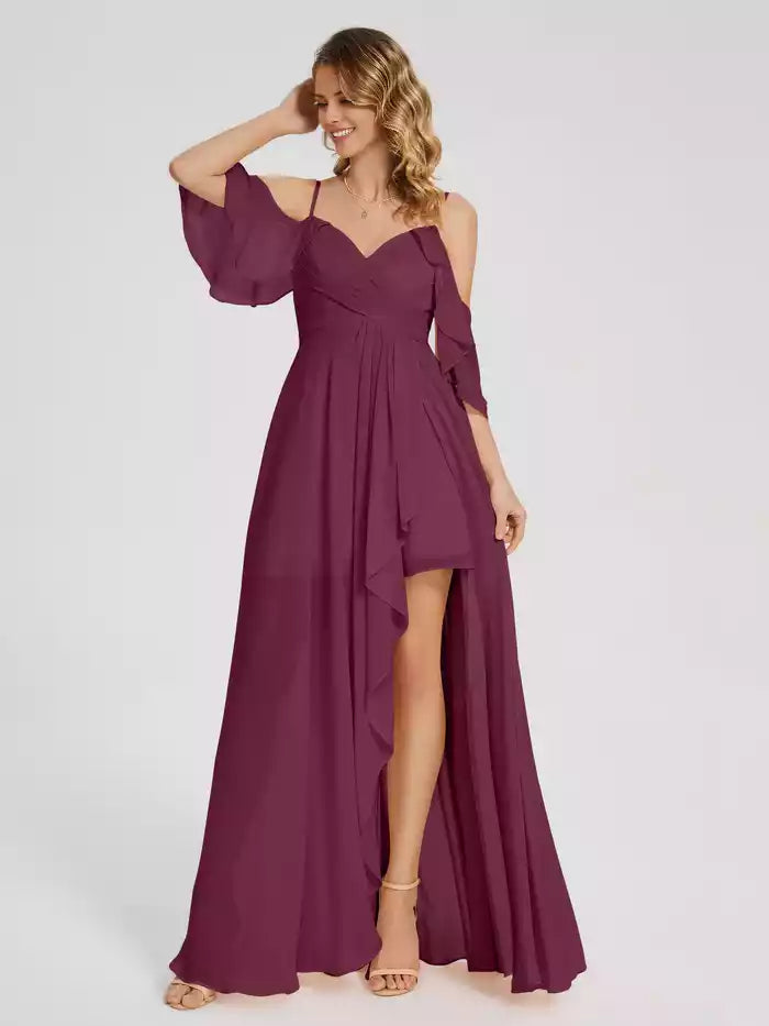Off the Shoulder Spaghetti Strap Split Fork Ruffles Chiffon Prom Dress