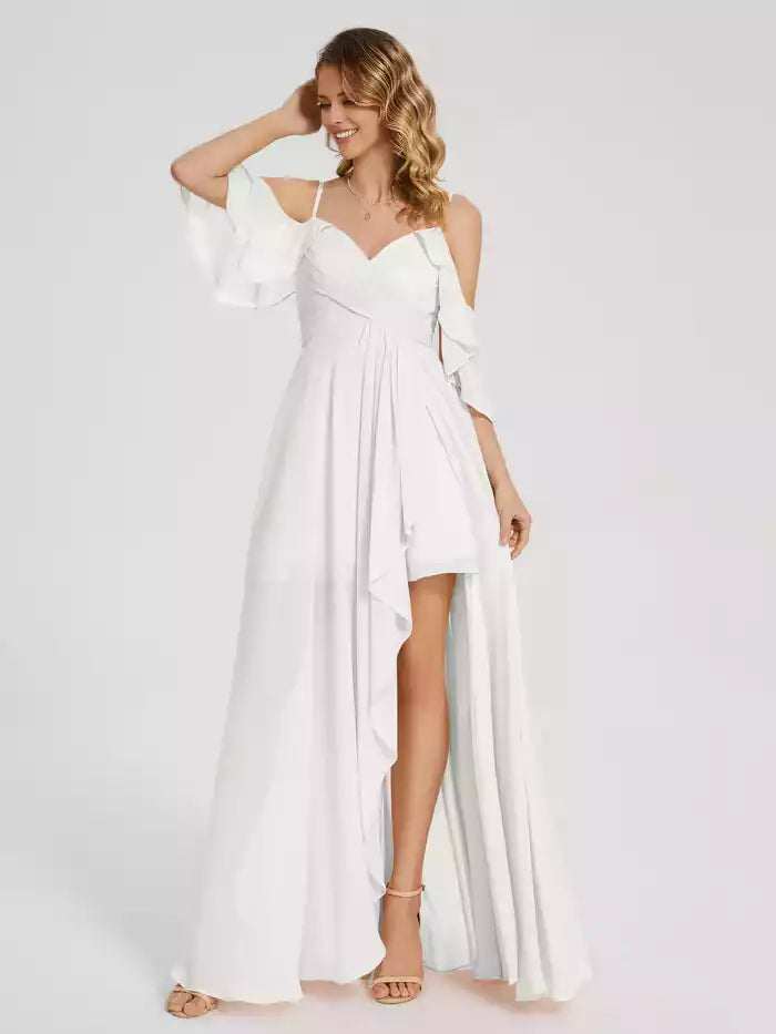 Off the Shoulder Spaghetti Strap Split Fork Ruffles Chiffon Prom Dress