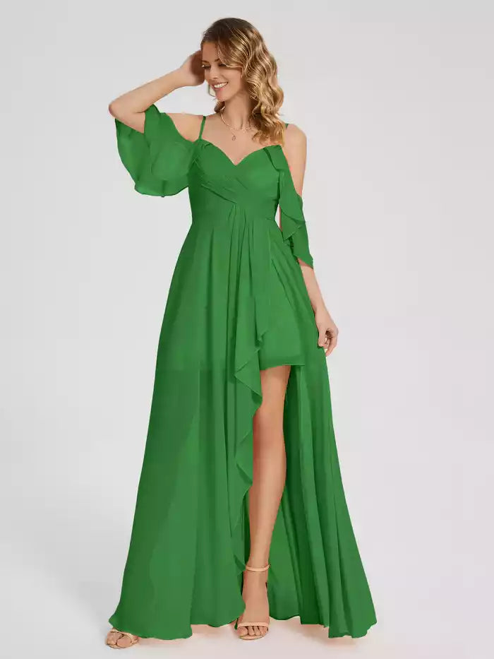Off the Shoulder Spaghetti Strap Split Fork Ruffles Chiffon Prom Dress