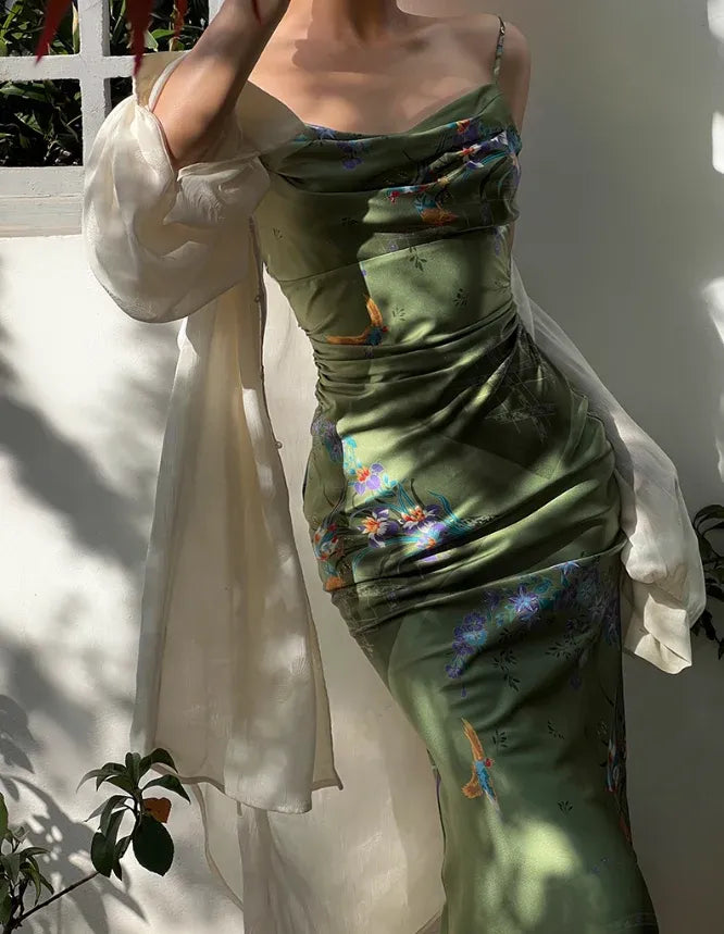 Olive Green Bird & Floral Print Satin Cowl Neck Midi Dress