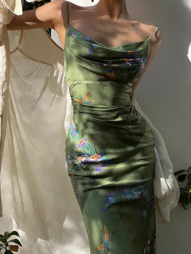 Olive Green Bird & Floral Print Satin Cowl Neck Midi Dress