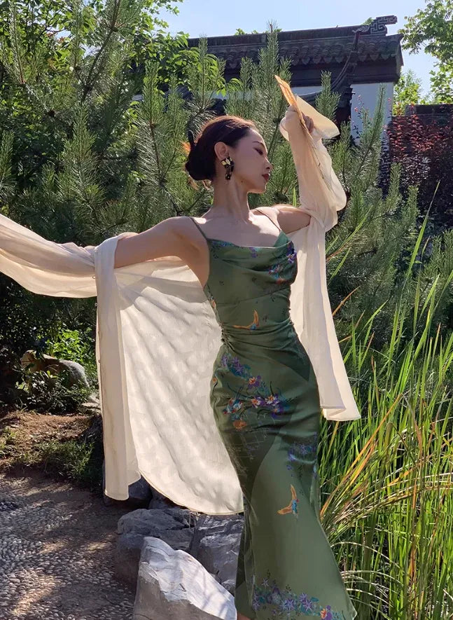 Olive Green Bird & Floral Print Satin Cowl Neck Midi Dress