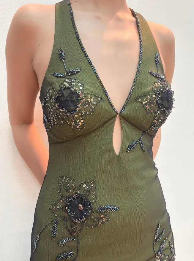 Olive Green Halter Neck Open Back Beaded Floral Mermaid Prom Maxi Gown with Train