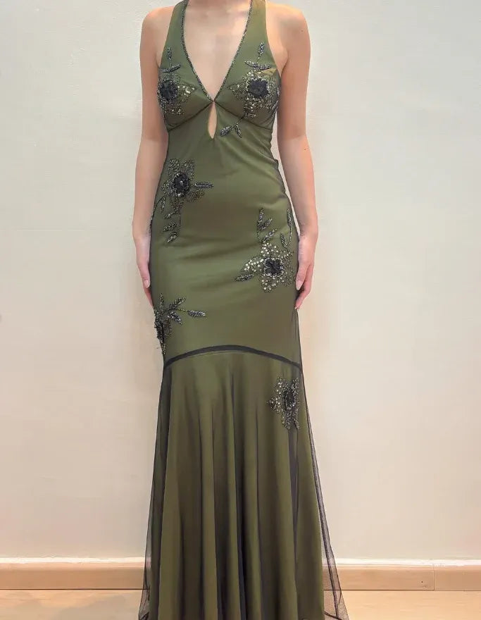 Olive Green Halter Neck Open Back Beaded Floral Mermaid Prom Maxi Gown with Train