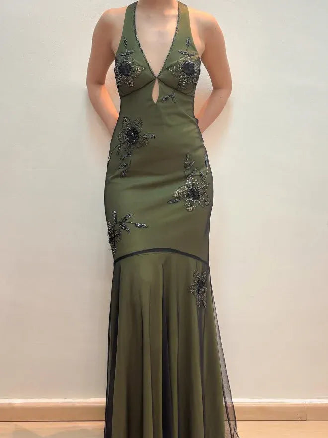 Olive Green Halter Neck Open Back Beaded Floral Mermaid Prom Maxi Gown with Train