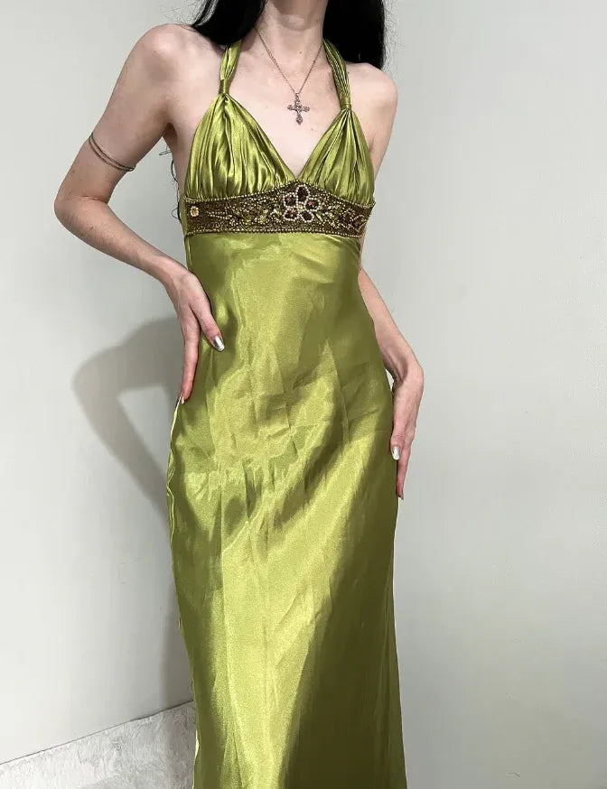 Olive Green Satin Beaded Halter Maxi Dress – Vintage Formal Evening Gown
