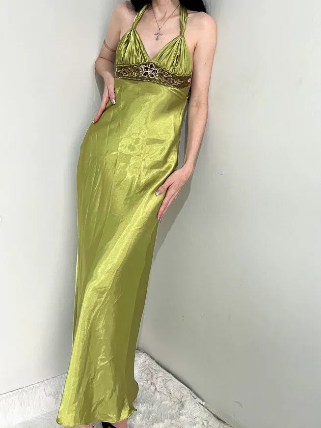 Olive Green Satin Beaded Halter Maxi Dress – Vintage Formal Evening Gown