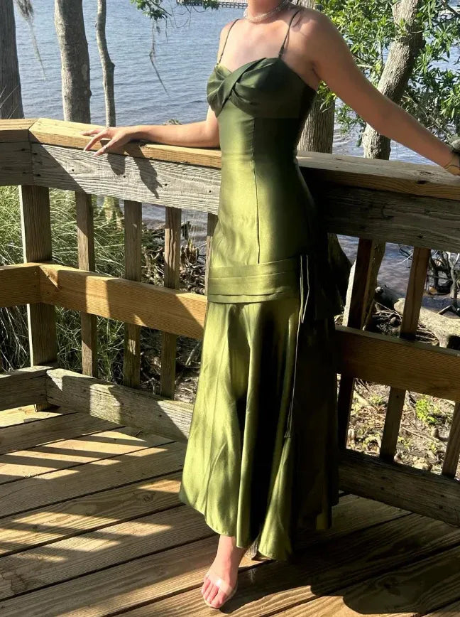 Olive Green Satin Mermaid Gown with Twisted Bust