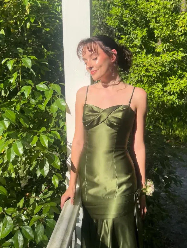 Olive Green Satin Mermaid Gown with Twisted Bust