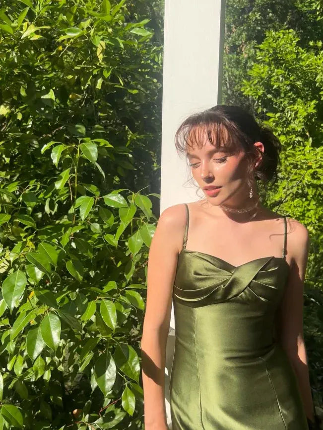Olive Green Satin Mermaid Gown with Twisted Bust