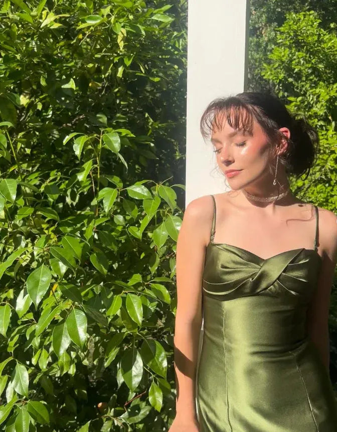 Olive Green Satin Mermaid Gown with Twisted Bust