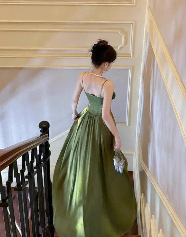 Olive Green Satin Rose Applique Spaghetti Strap Maxi Dress