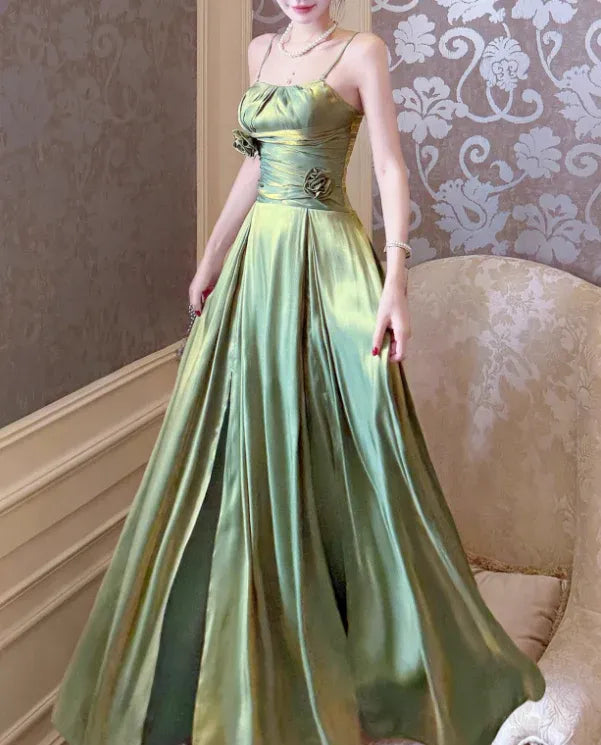 Olive Green Satin Rose Applique Spaghetti Strap Maxi Dress
